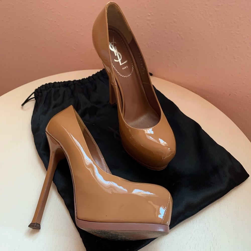 YSL Tribute Platform Pumps Beige